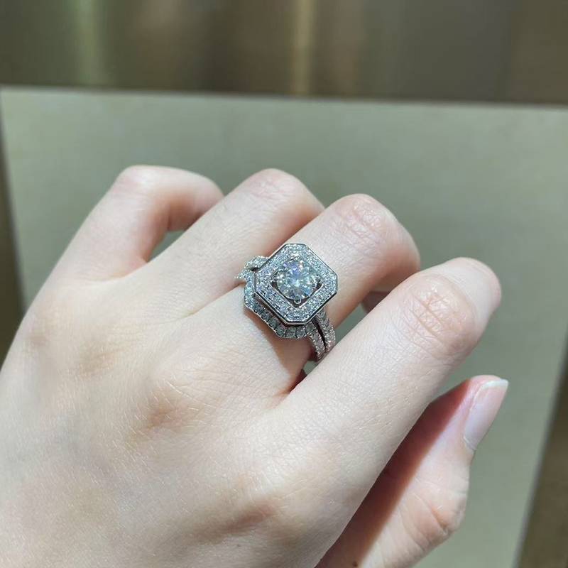 S925银镀白金主副套戒叠戴Women's Ring定制选款主石Moissanite1.0ct/副石高碳钻